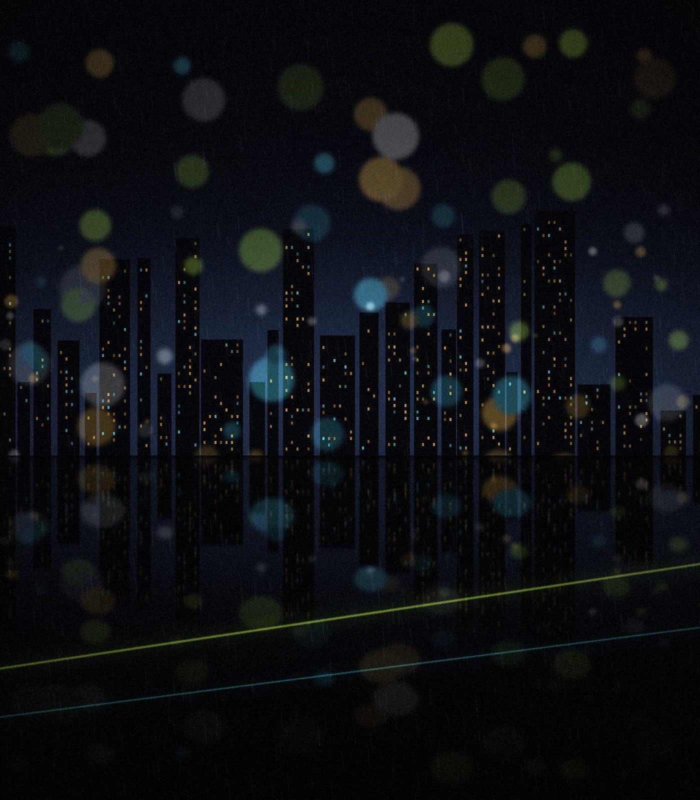 Wet city street at night with cyan and lime light reflected on the pavement